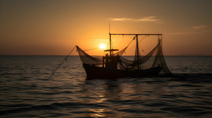 Sunset Fishing Boat Silhouette, Ocean, Nets, Coastal, Golden Hour, Calm Sea,  Fishing Industry, Travel Postcard