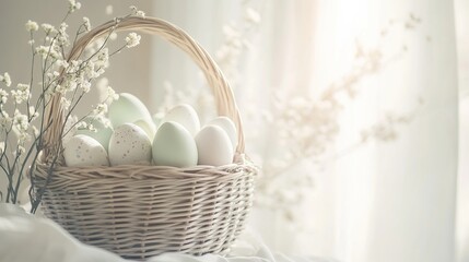 Obraz premium Easter eggs in a wicker basket with flowers.