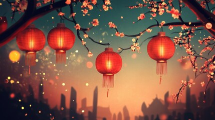 Red Lanterns Hanging From Blossoming Branches At Dusk