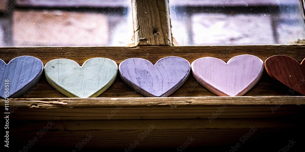 Poster a row of wooden hearts are lined up on a window sill