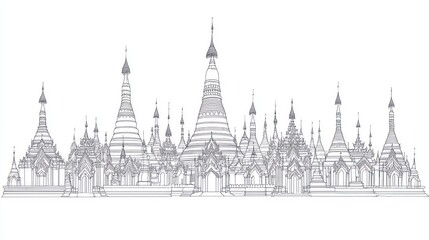 Fototapeta premium Illustration of Myanmar's golden pagoda group with clean black and white lines, featuring intricate spires and details on a plain white background