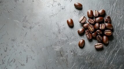 Freshly Roasted Coffee Beans on a Textured Metal Surface Showcasing Natural Shine and Rich Color, Perfect for Beverage and Culinary Contexts