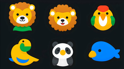 Obraz premium Cute animal icons; lion, chicken, parrot, panda, whale; digital illustration; app design