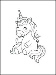 Black and White Unicorn Coloring Page for Kids. Cute, Hand-Drawn, Printable Activity Sheet with Cartoon Characters and Simple Doodles
