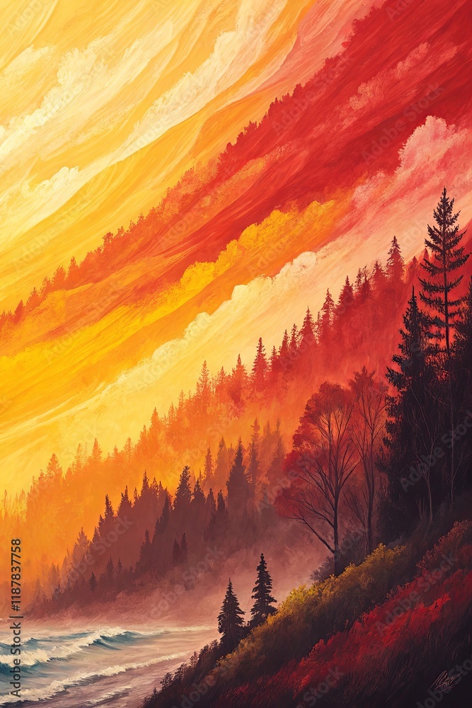 Poster a painting of a forest with a river in the background