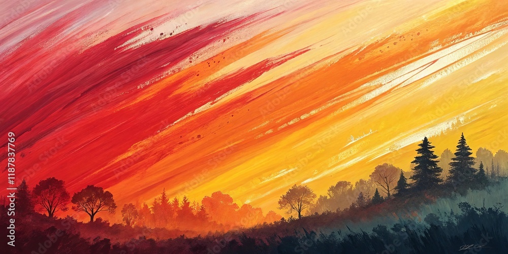 Poster a painting of a sunset with trees in the background