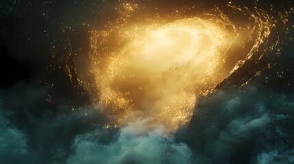 Obraz premium Golden Galactic Swirl with Ethereal Clouds and Sparkling Elements, Depicting a Cosmic Scene of Mystical Beauty and Celestial Wonder in the Universe