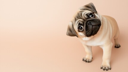 Mischievous pug puppy with adorable head tilt - pet photography for posters and prints