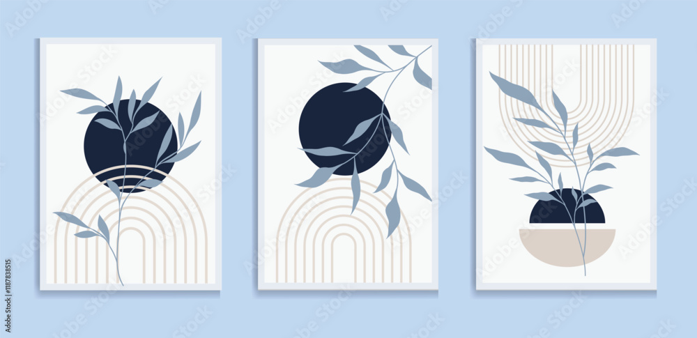 Wall mural botanical green wall art vector set. boho foliage line art drawing with abstract shape. abstract pla