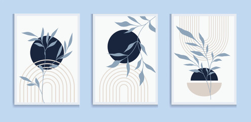 Botanical green wall art vector set. Boho foliage line art drawing with abstract shape. Abstract Plant Art design for print, cover, wallpaper, Minimal and natural wall art.