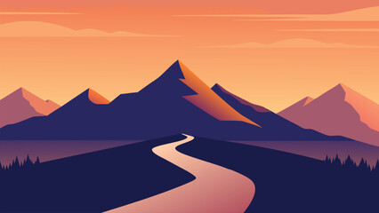 Tranquil pathway leading to a stunning mountain range, bathed in the warm hues of a sunset nature flat vector illustration