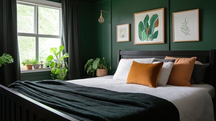 Modern bedroom design with dark green walls and velvet drapes for cozy interiors