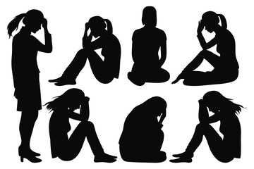 Women in despair silhouettes set isolated flat vector illustration on white background