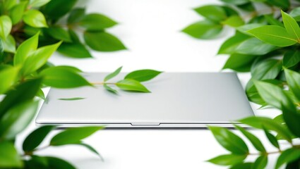 Silver Laptop Surrounded By Lush Green Leaves