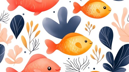 Fototapeta premium Colorful fish swimming among leaves and floral elements in playful underwater scene illustration