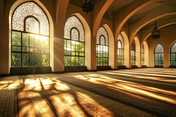 interior view of a mosque hall with rows of arched windows featuring traditional mashrabiya designs