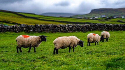 Fototapeta premium A Scenic Rural Landscape with a Group of Sheep Grazing on Green Pastures Under Dramatic Cloudy Skies Near a Stone Wall and Rolling Hills