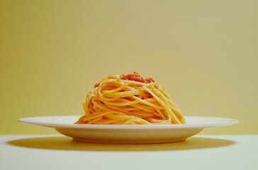 Classic Italian Spaghetti with Tomato Sauce on White Plate against Soft Yellow Background for Culinary and Food Photography Uses