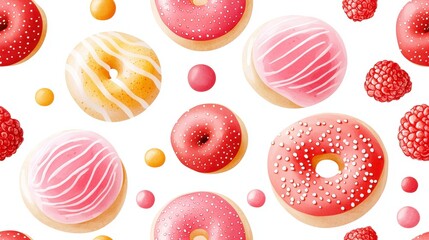 Colorful Donuts and Raspberry Berries in a Fun Pattern for Sweet Treats and Desserts Background