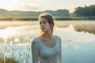 Slim young woman standing by a lake at sunrise, half-body shot, peaceful holiday morning, calm water reflecting the sky, soft early light, relaxed and thoughtful expression, natural and serene vibe