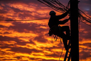 silhouette of a electrician repairing the electric wire