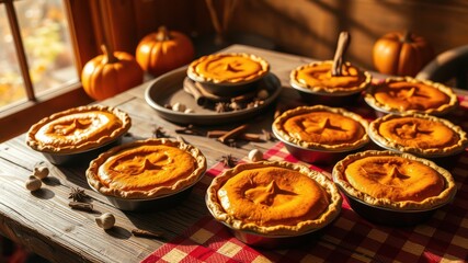 A rustic wooden table adorned with a checkered tablecloth is laden with freshly baked pumpkin pies, their golden crusts and rich filling glistening under the warm glow of natural light.