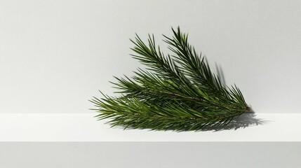 Elegant green pine branch on white surface with shadow play