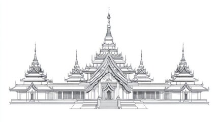 Fototapeta premium Modern black and white line art of Myanmar pagodas, showcasing intricate architectural details with a plain white background for a minimalist look