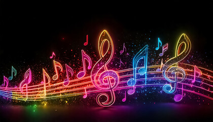 colorful neon music notescape, black background