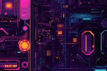 Fototapeta premium Futuristic Abstract Digital Circuit Board Background in Vibrant Neon Colors with Geometric Patterns for Technology and Design Concepts