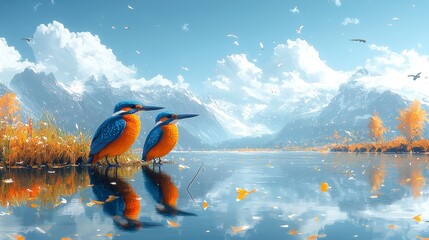 Two kingfishers perched on lake shore, autumnal mountain landscape.