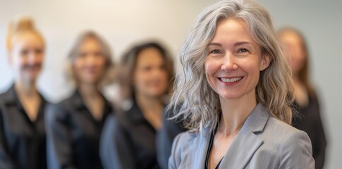 Obraz premium Caucasian mature female leader smiling with a diverse team in business attire