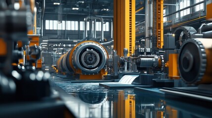 Fototapeta premium Modern hydropower plant production line, featuring polished machinery, generators, and flowing water systems for sustainable energy production