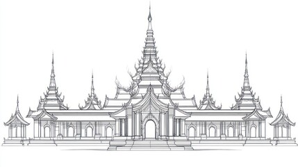 Naklejka premium Myanmar pagoda architecture group illustrated in black and white with clean, soft lines, plain white background, and a simple decorative style