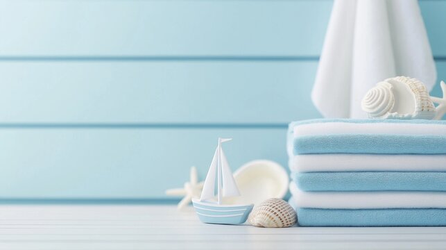 Nautical themed bathroom decor with blue and white stripes for coastal design