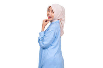 Woman hijab looking over shoulder isolated transparent