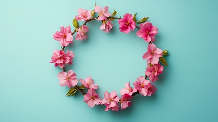 Beautiful Floral Wreath Made of Pink Cherry Blossom Flowers on a Soft Blue Background for Spring and Celebration Themes in Photography Projects