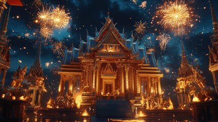 Fototapeta premium Ornate Thai temple stage glowing with gold and blue accents, framed by a vivid night sky filled with fireworks in a spectacular 8K scene