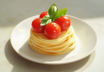 Delicate Plate of Spaghetti Nest Topped with Fresh Basil and Juicy Cherry Tomatoes on a Light Background