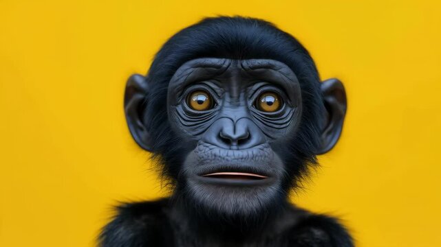 A young monkey with striking golden eyes and soft black fur, yellow background