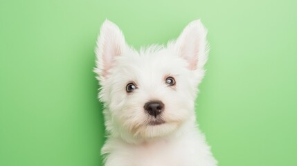 Playful west highland white terrier puppy against pastel green background