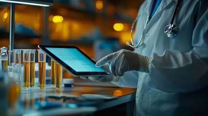 Lab technician examining results on a tablet surrounded by test tubes in a laboratory setting