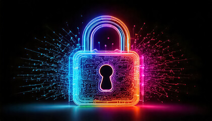 colorful neon lock, black background