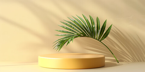 Fototapeta premium A single palm leaf on a cylindrical pedestal with shadows on a beige background