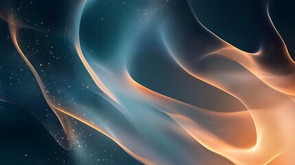 Abstract flowing teal and orange waves with gold particles