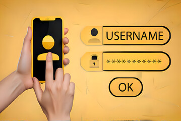 Hand holding a mobile,login screen with user ID and password.