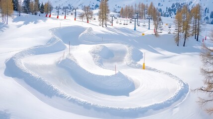 Serene Snowy Landscape with Curved Skiing Track and Ski Lifts in the Background