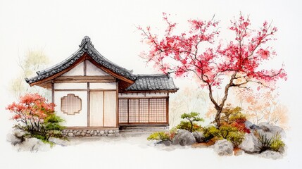 Fototapeta premium Tranquil Japanese Garden with Cherry Blossom Tree and Traditional Wooden House in Serene Landscape