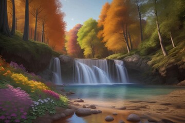 Fototapeta premium Beautiful and Peaceful Nature Scenery Illustration Landscape Countryside Tranquil Vibrant and Colorful