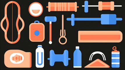 Fototapeta premium Colorful Flat Design Tools, Crafts, and Equipment on Dark Background